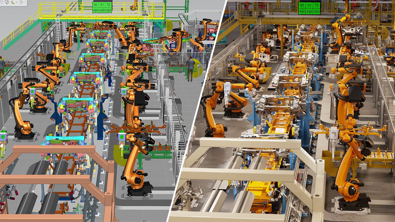 3D CAD model of a robotic factory line. Next to the image is a realistic render of the factory line using Omniverse