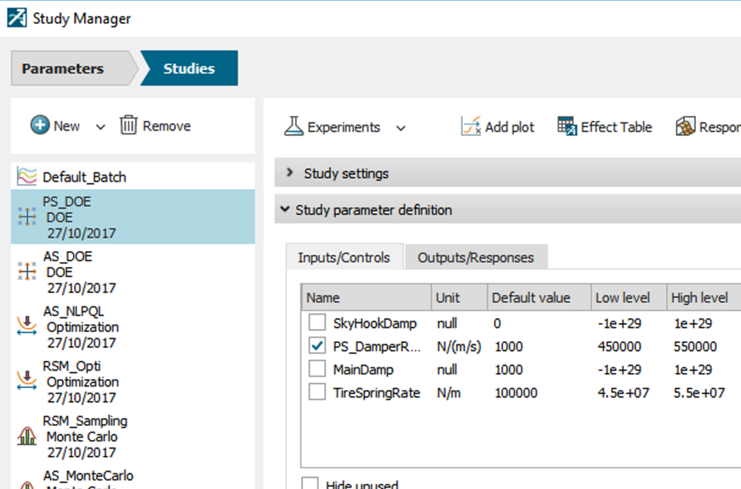 A screenshot of Amesim's Study Manager tool
