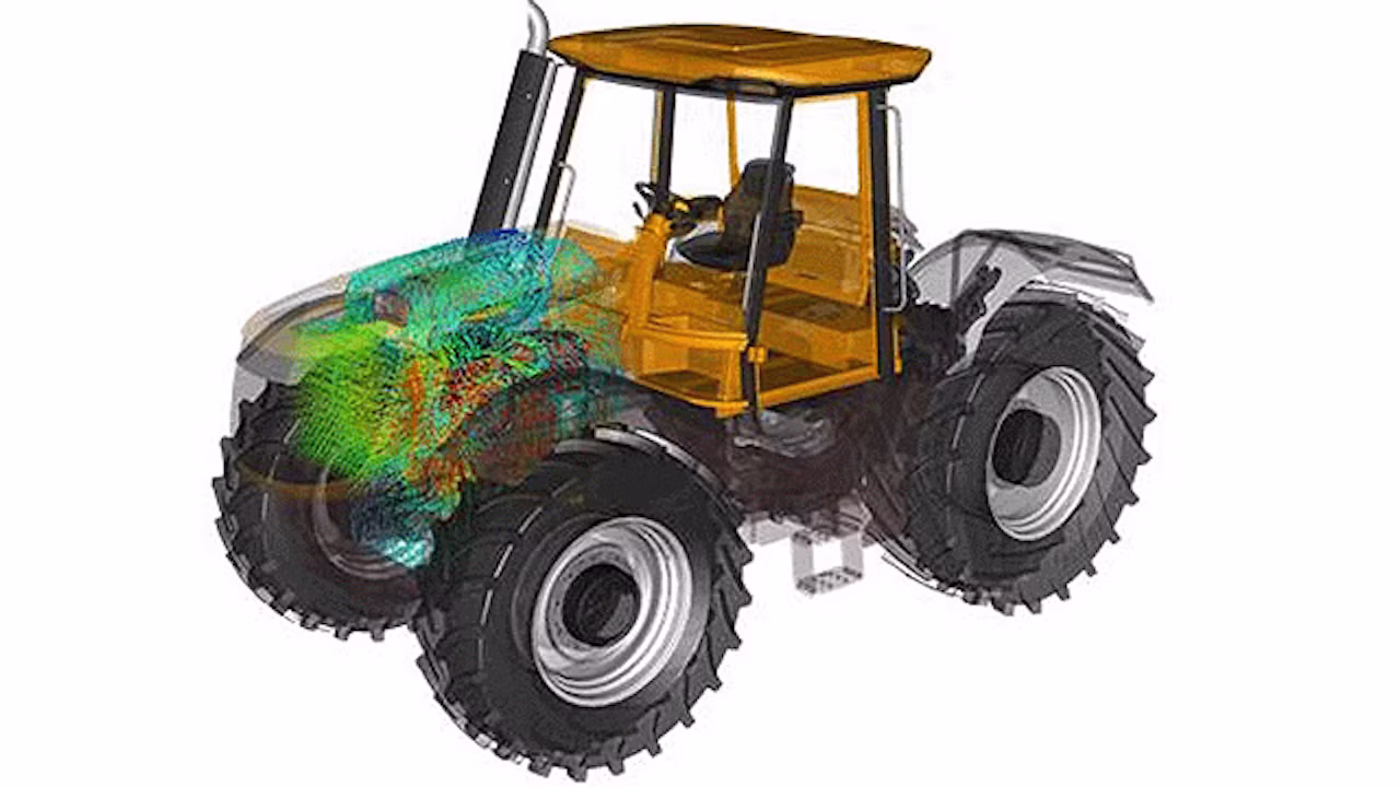 An image of a simulated work tractor. Part of the front is transparent with airflow simulation presented inside.