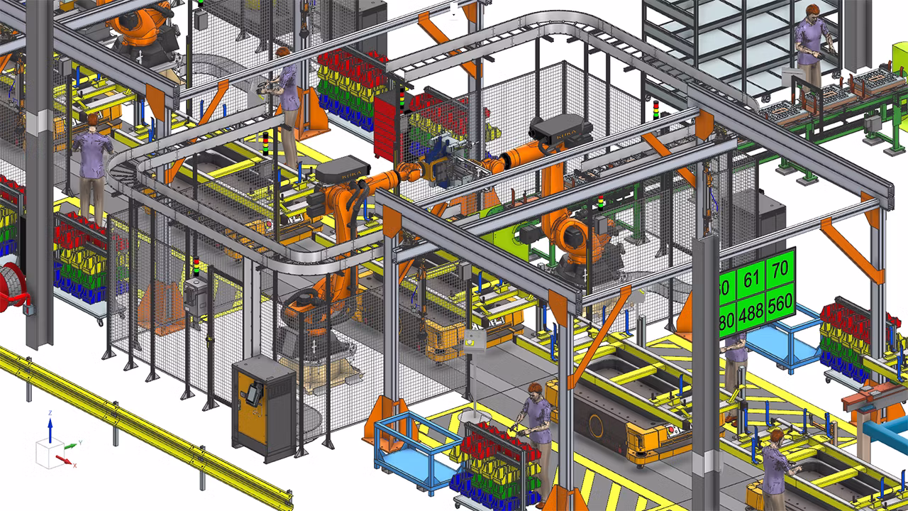 A photo of the NX Line Designer software in action. It shows an example of a factory line design.