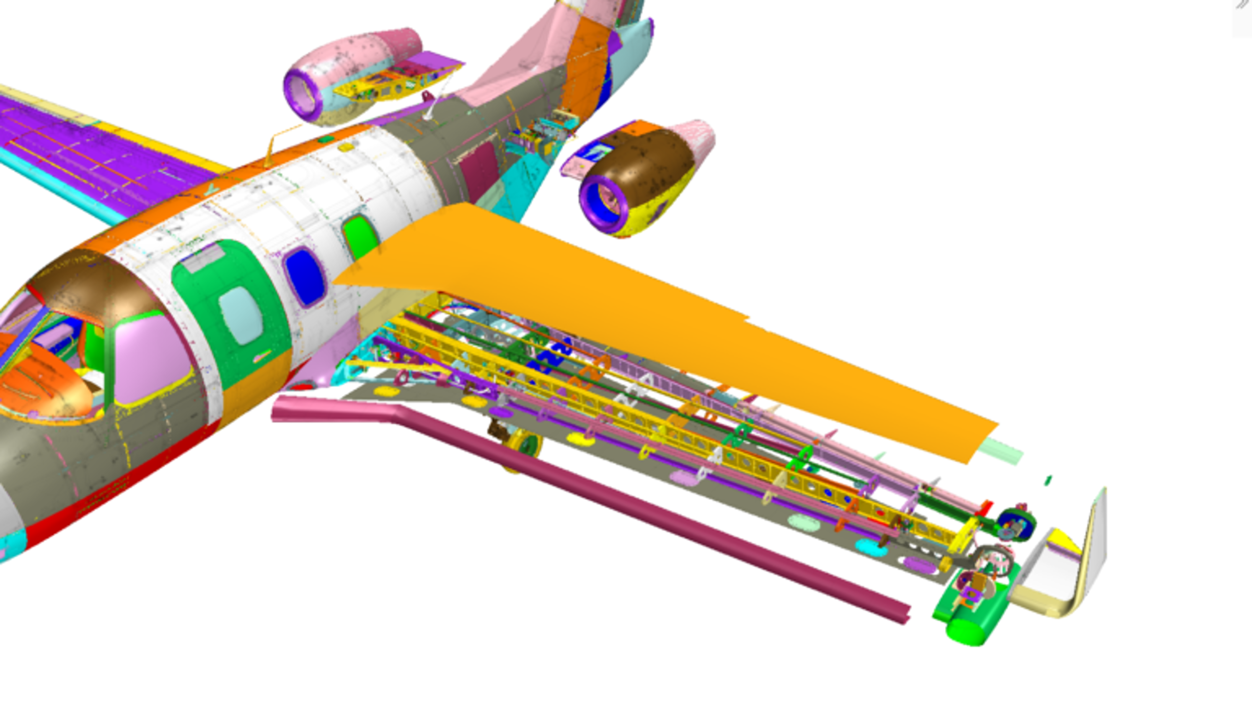 An image of an example of complex meshing. The example is of an airplane, with different colored sections highlighting different meshing.